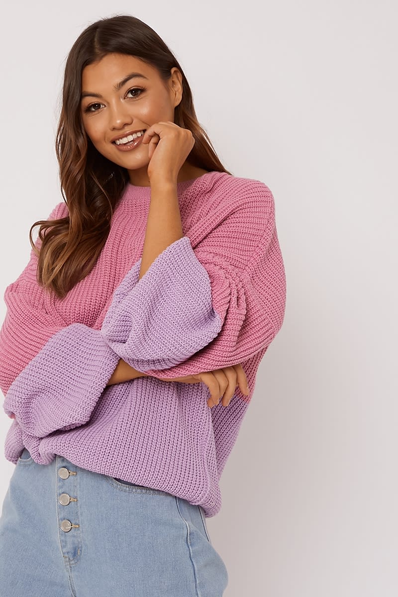 pink colour block oversized knitted jumper