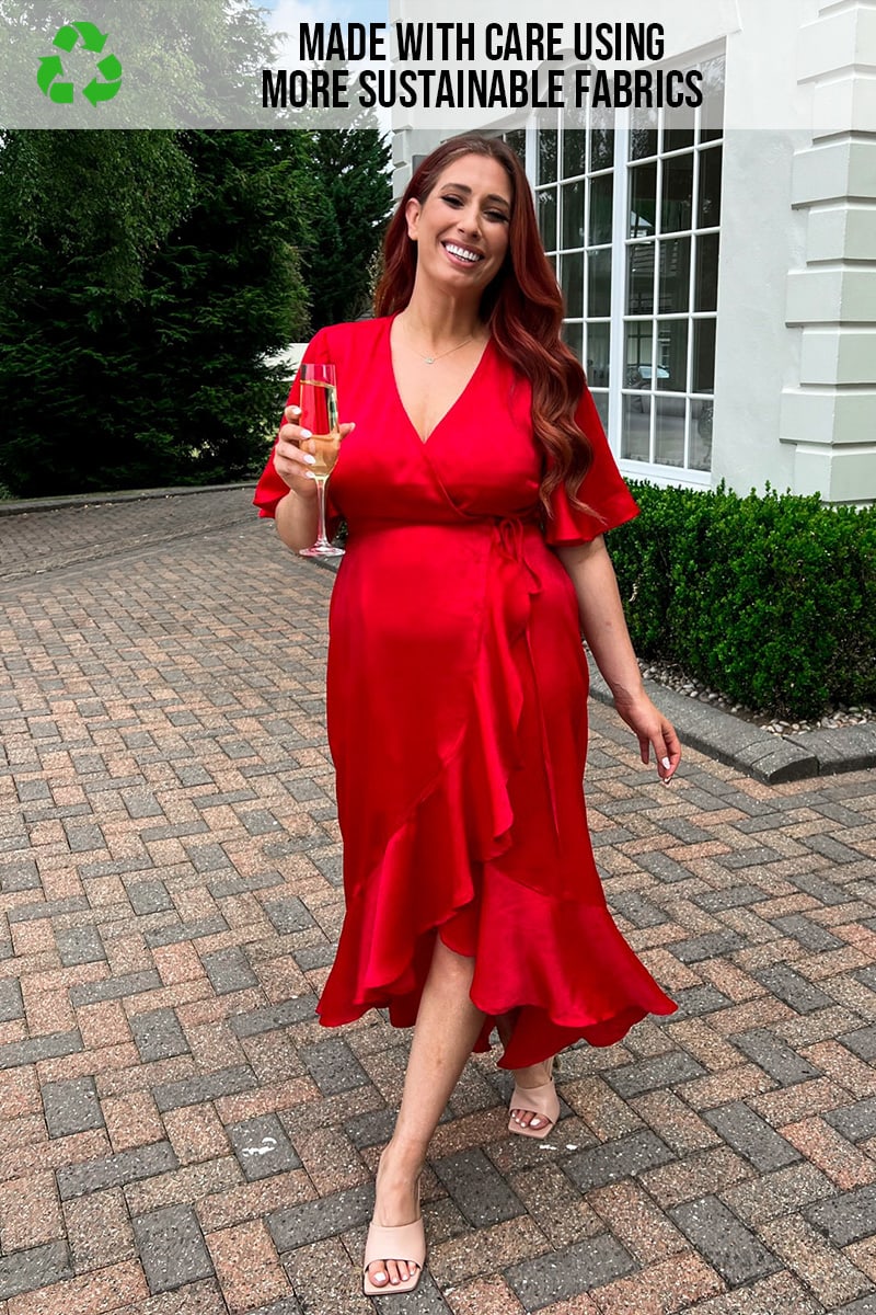 STACEY SOLOMON RED RECYCLED ANGEL SLEEVE FRILL WRAP MAXI DRESS