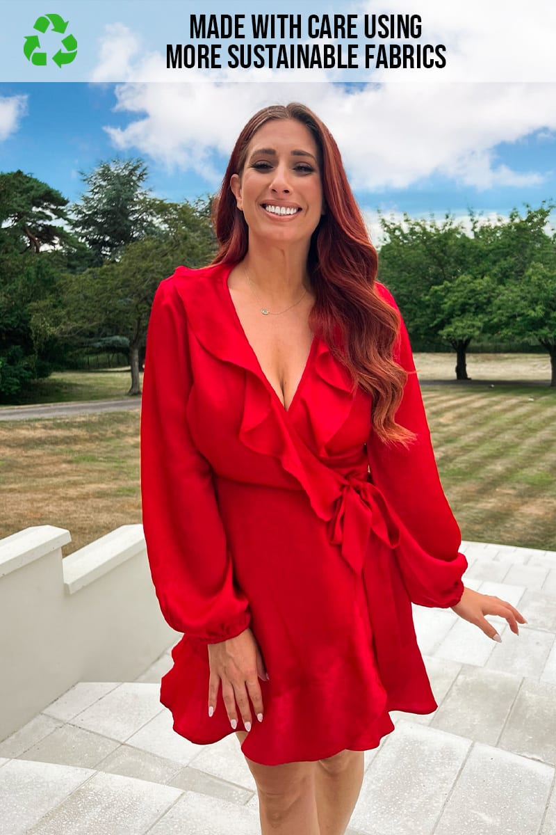 STACEY SOLOMON RED RECYCLED SATIN FRILL WRAP MINI DRESS