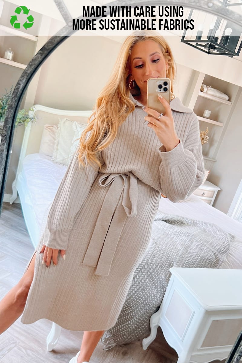 STACEY SOLOMON RECYCLED CAMEL V NECK KNITTED MIDI DRESS