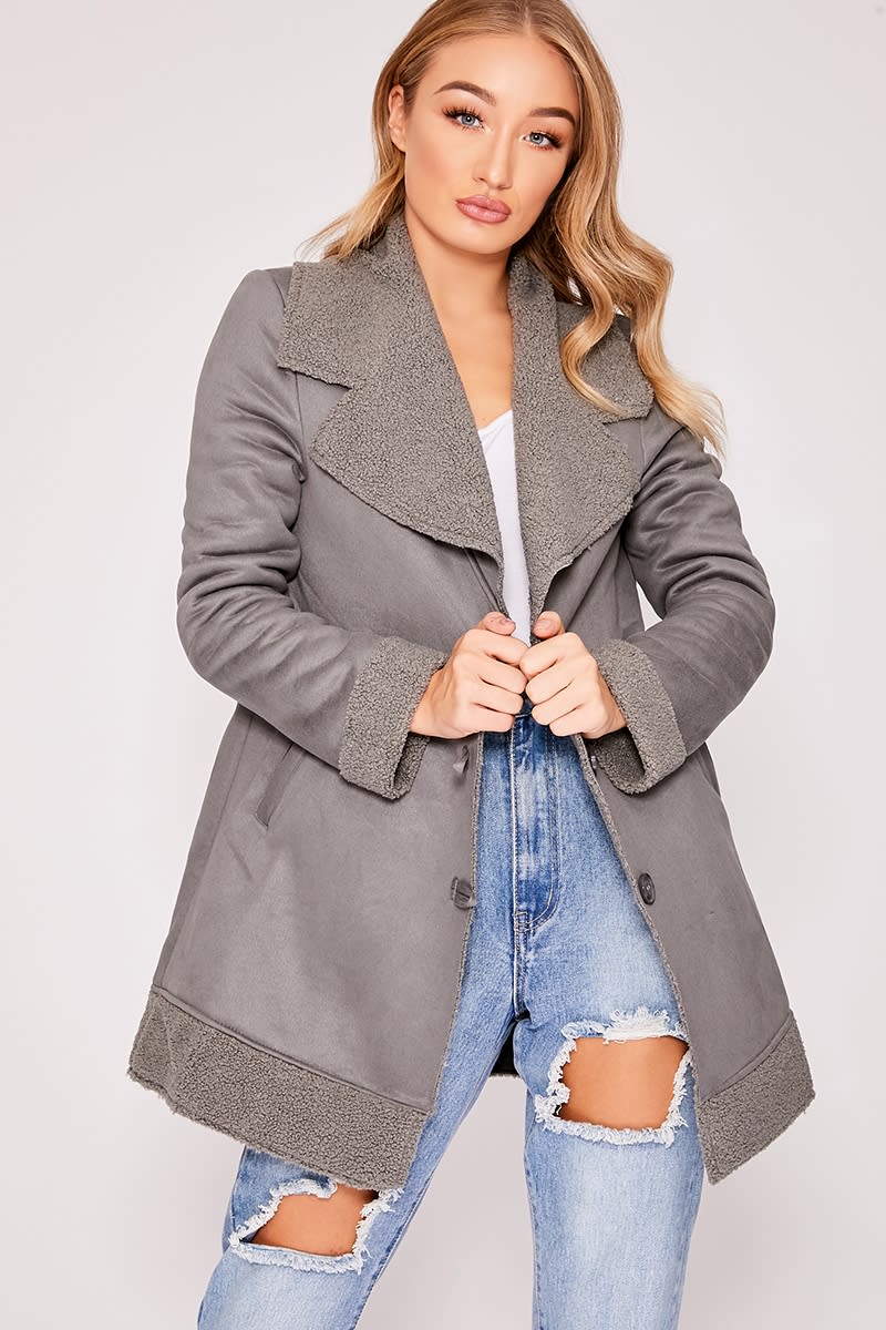grey faux suede shearling lined jacket