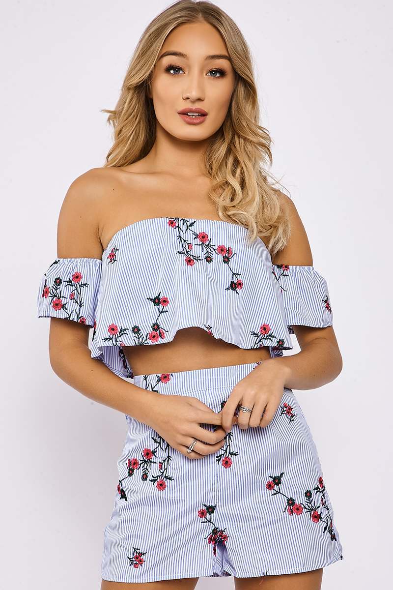 blue striped floral embroidered bardot top and shorts co ord