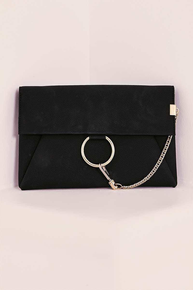 BLACK FAUX LEATHER GOLD CHAIN CLASP BAG