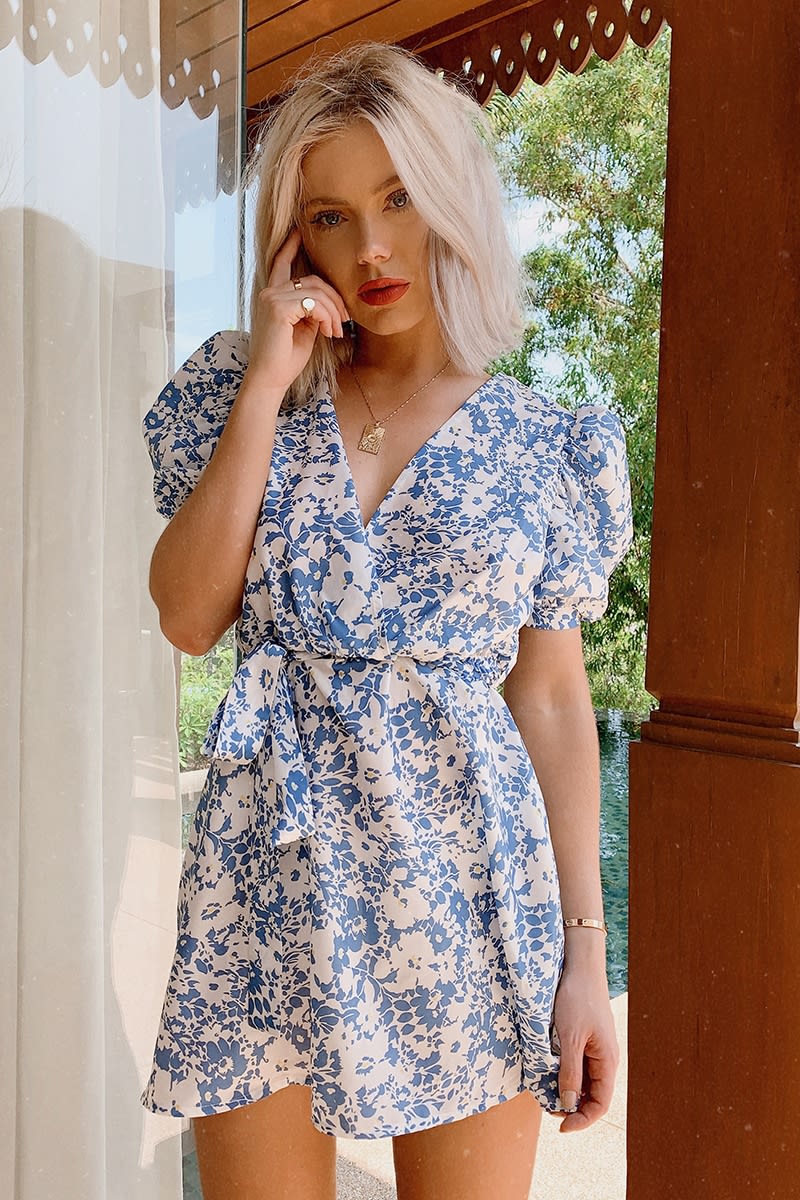 Laura Jade Blue Floral Puff Sleeve Wrap Dress | In The Style Australia